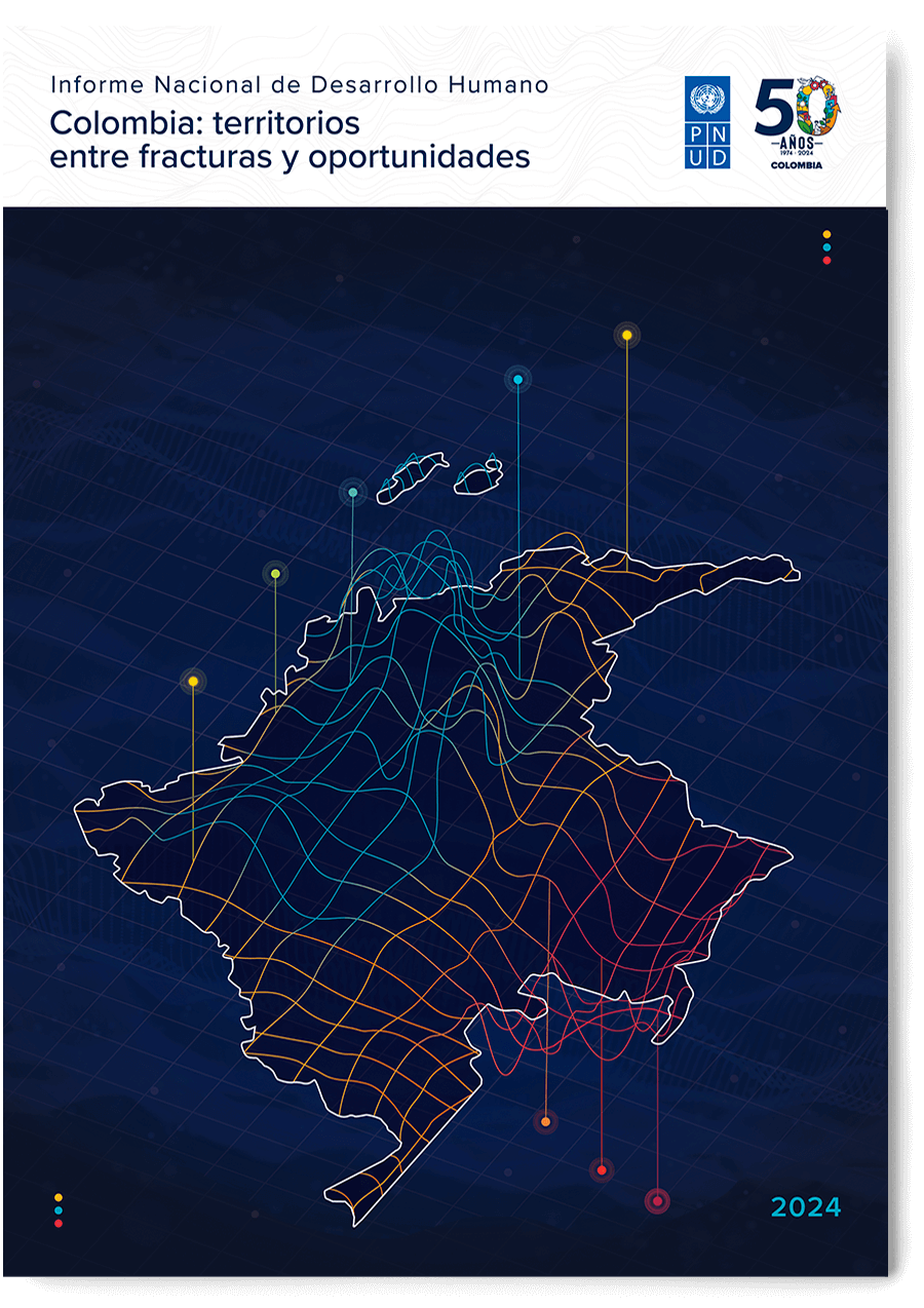 Portada del Informe Nacional de Desarrollo Humano, en donde se ve un mapa de Colombia hecho con una malla de color.